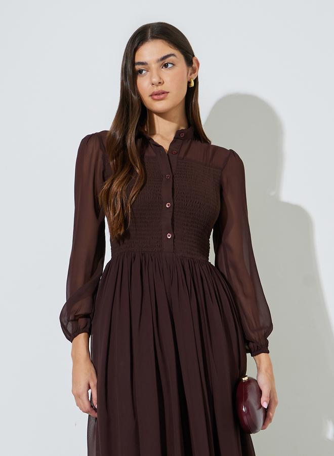 Styli Brown Solid Ruched Detail Shirt Maxi Dress with Long Sleeves - Image 2