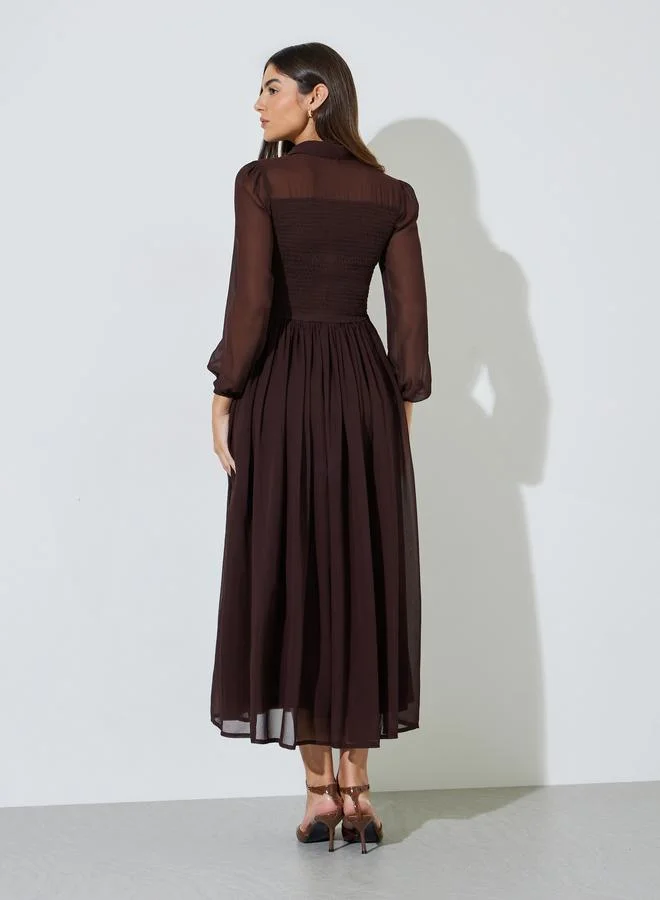 Styli  Brown Solid Ruched Detail Shirt Maxi Dress with Long Sleeves for Women | Best Price UAE
