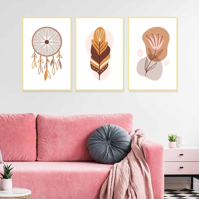 Marktna Three canvas panels with a bohemian art design and a hollow frame, measuring (90×40), three pieces - Image 1