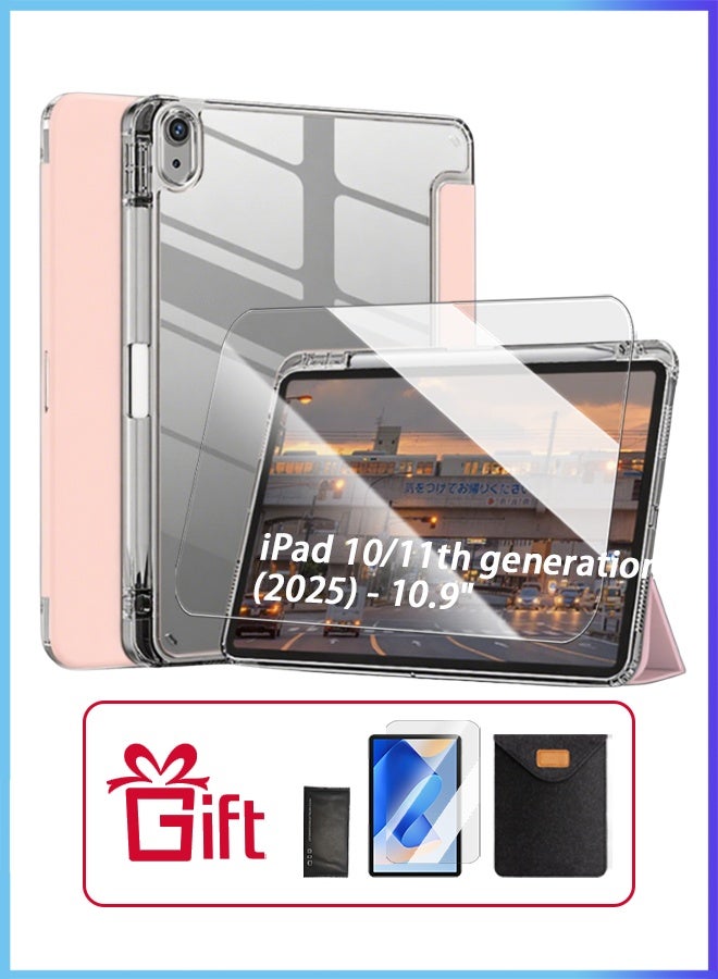 IPad 11th Generation Case (A16 2025) And 10th Gen 10.9 Inch Protective Case With Pen Slot, Ipad A16 Case Tri-Fold Tpu Transparent Case Tri-Fold Stand Smart Wake-Up/ Free Aed 23 Anti-Glare Protective Film- Pink - Image 1