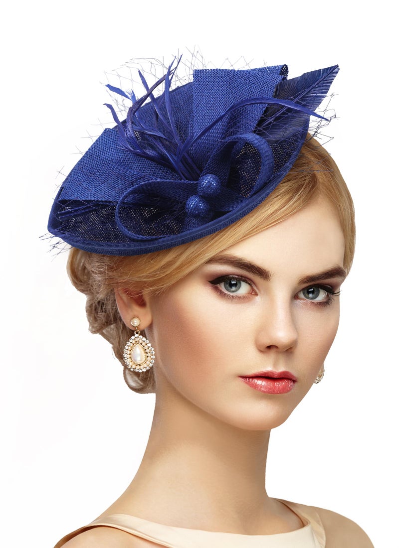 Zinniday Tea Party Hat for Women - 2026 Derby Fascinator with Detachable Headband (7.87 â€œx5.9â€ / Head Circumference 21.5â€œ-23.5â€) - Lightweight Feather & Polyester Dark Blue - Image 1