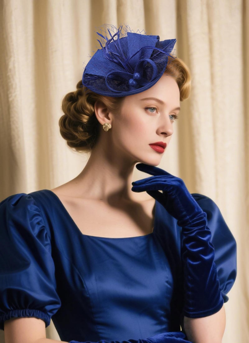 Zinniday Tea Party Hat for Women - 2026 Derby Fascinator with Detachable Headband (7.87 â€œx5.9â€ / Head Circumference 21.5â€œ-23.5â€) - Lightweight Feather & Polyester Dark Blue - Image 3