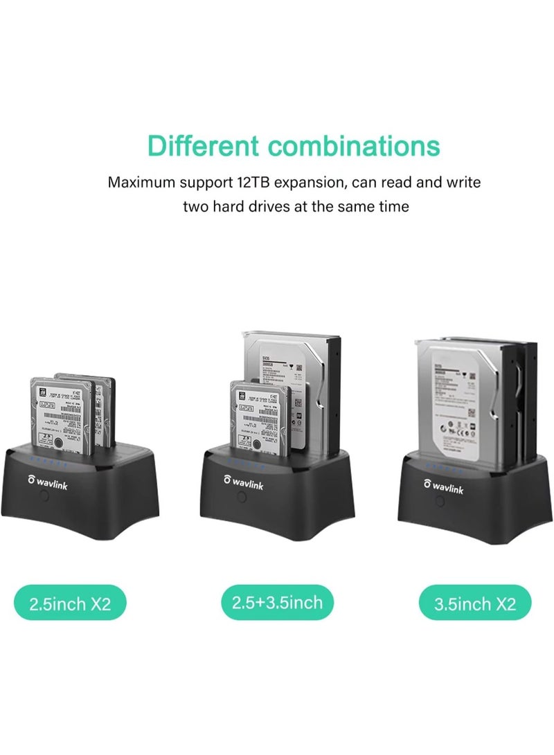WAVLINK USB 3.0 to SATA I/II/III Dual Bay Docking Station for 2.5"/3.5" HDD & SSD, Supports up to 16TB, UASP, 5Gbps Transfer Speed, Offline Cloning - Image 3