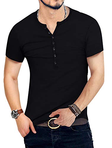 YTD Mens Casual Slim Fit Basic Henley Short Sleeve Fashion Summer T-Shirt M Black - Image 3