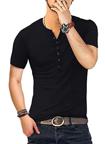 YTD Mens Casual Slim Fit Basic Henley Short Sleeve Fashion Summer T-Shirt M Black - Image 4
