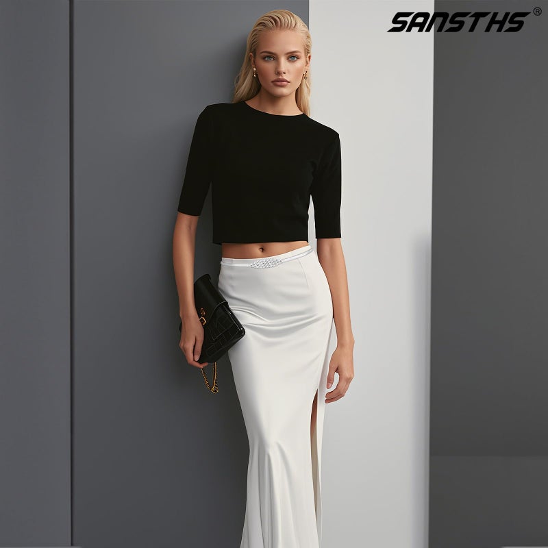 SANSTHS Silver Rhinestone Elastic Waist Belt for Women, Metal Skinny Ladies Belt for Dresses Wedding Party Formal Occasions, Silver M - Image 5