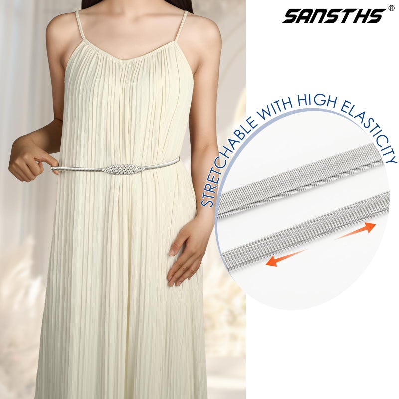 SANSTHS Silver Rhinestone Elastic Waist Belt for Women, Metal Skinny Ladies Belt for Dresses Wedding Party Formal Occasions, Silver M - Image 4