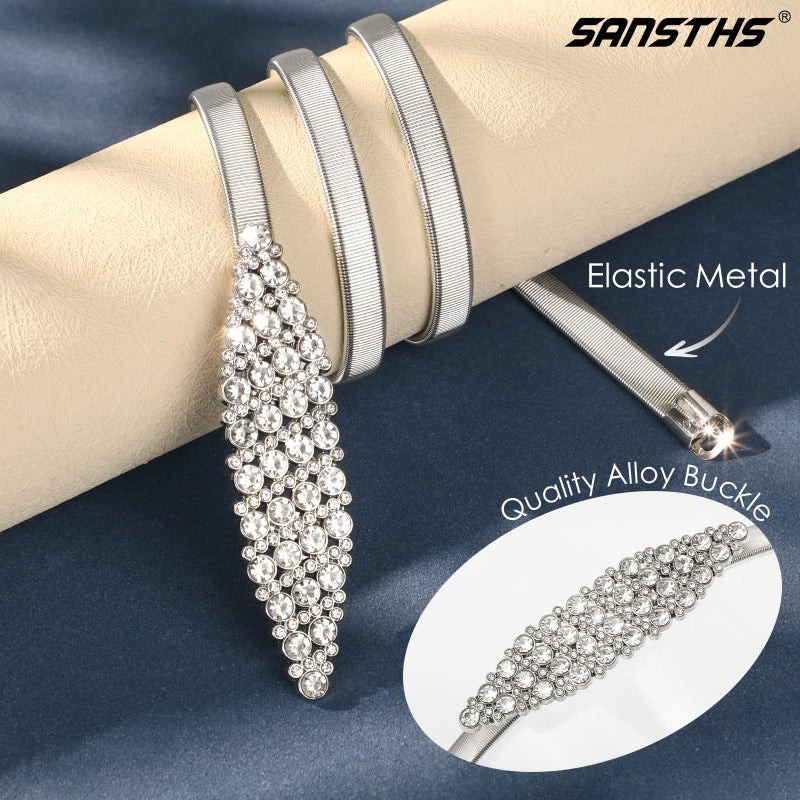 SANSTHS Silver Rhinestone Elastic Waist Belt for Women, Metal Skinny Ladies Belt for Dresses Wedding Party Formal Occasions, Silver M - Image 2