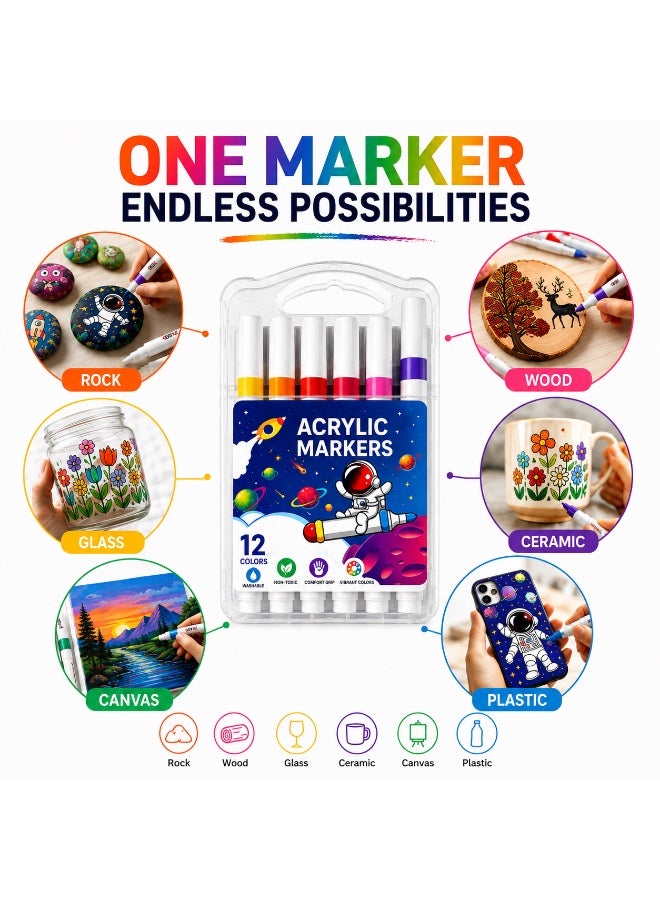 12 Colors Acrylic Paint Marker Set, Dual Use Acrylic Markers for Rock Painting, Wood, Glass, Ceramic, Canvas, Plastic & DIY Crafts, Quick Dry Water-Based Paint Pens for Kids, Artists & School Projects - Image 2