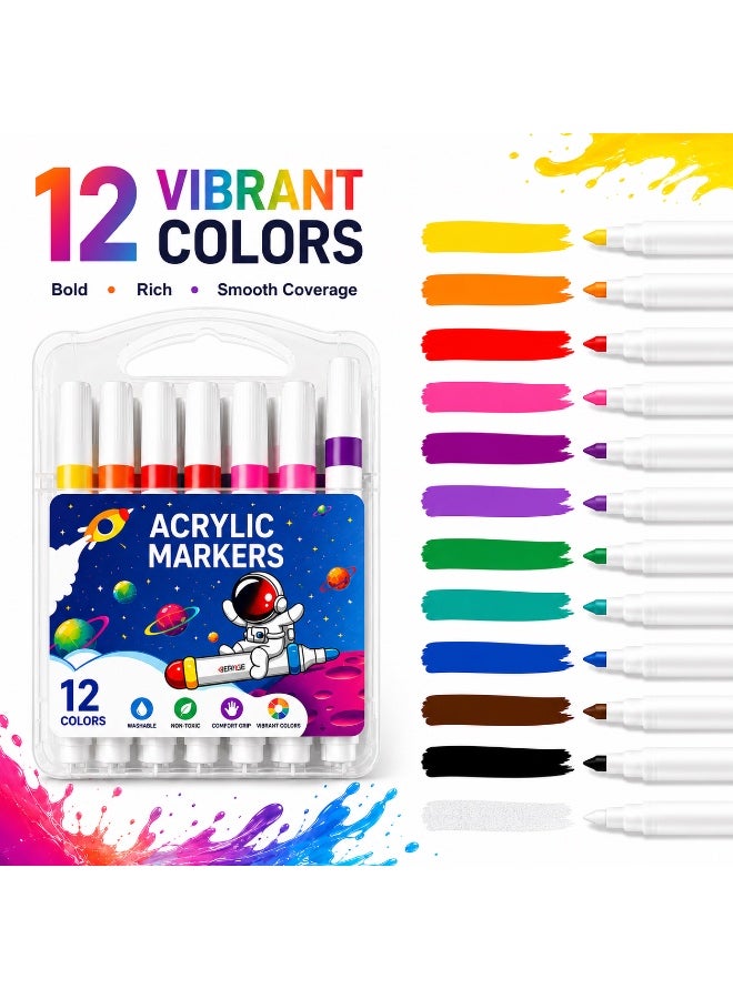 12 Colors Acrylic Paint Marker Set, Dual Use Acrylic Markers for Rock Painting, Wood, Glass, Ceramic, Canvas, Plastic & DIY Crafts, Quick Dry Water-Based Paint Pens for Kids, Artists & School Projects - Image 3