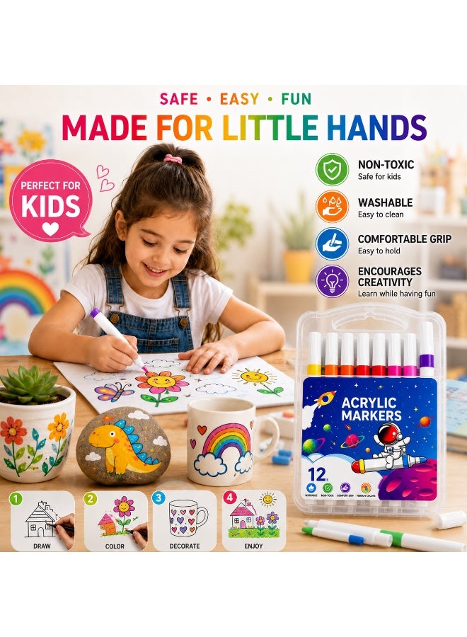 12 Colors Acrylic Paint Marker Set, Dual Use Acrylic Markers for Rock Painting, Wood, Glass, Ceramic, Canvas, Plastic & DIY Crafts, Quick Dry Water-Based Paint Pens for Kids, Artists & School Projects - Image 5