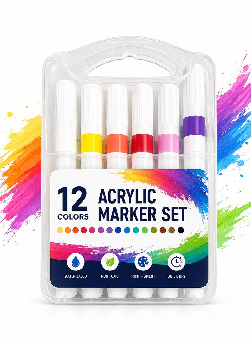 12 Colors Acrylic Paint Marker Set, Dual Use Acrylic Markers for Rock Painting, Wood, Glass, Ceramic, Canvas, Plastic & DIY Crafts, Quick Dry Water-Based Paint Pens for Kids, Artists & School Projects - Image 1