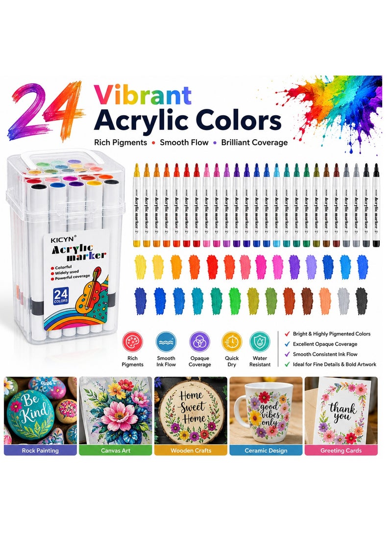 KICYN 24 Colors Acrylic Paint Markers Set with Portable Storage Case, Premium Dual Use Acrylic Marker Pens for Rock Painting, Canvas, Wood, Glass, Ceramic, Fabric, DIY Crafts, Scrapbooking & Art Supplies - Image 3