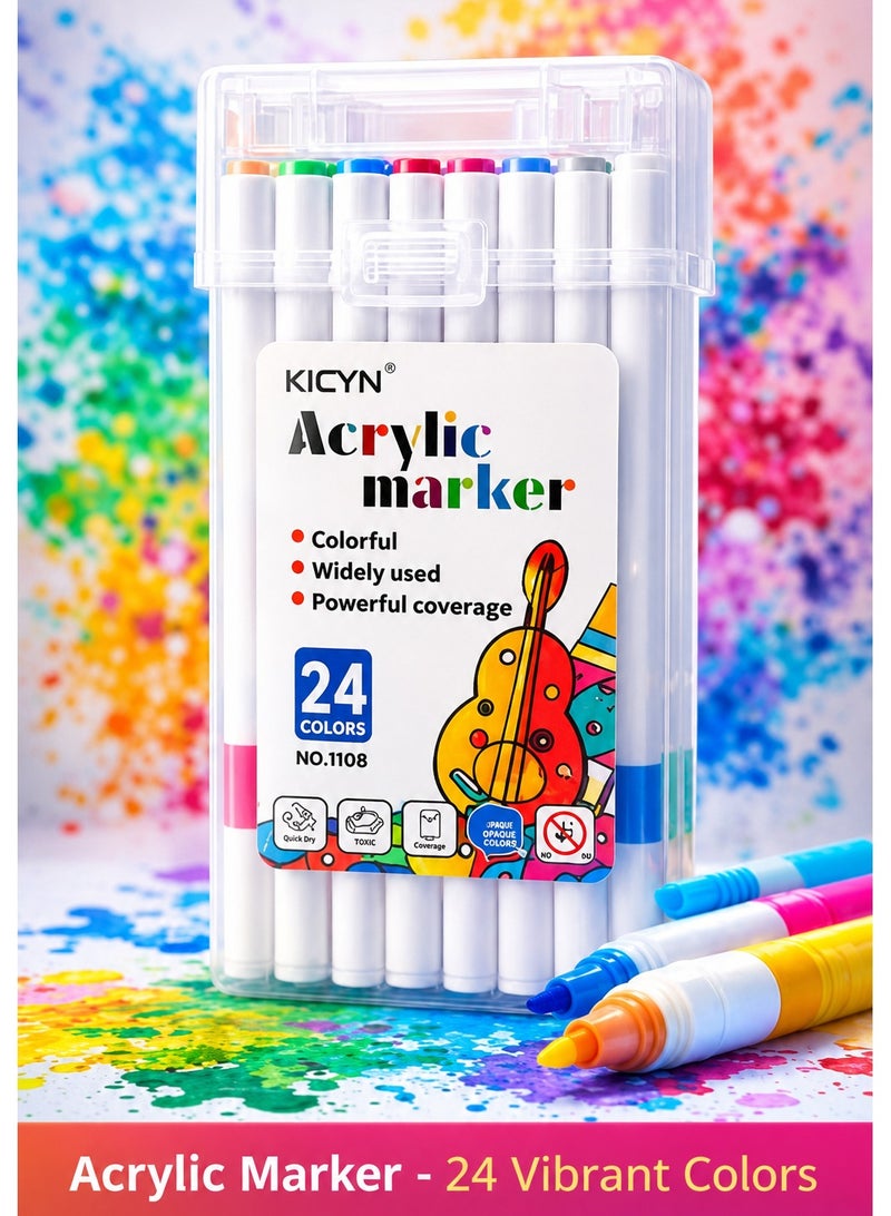 KICYN 24 Colors Acrylic Paint Markers Set with Portable Storage Case, Premium Dual Use Acrylic Marker Pens for Rock Painting, Canvas, Wood, Glass, Ceramic, Fabric, DIY Crafts, Scrapbooking & Art Supplies - Image 1