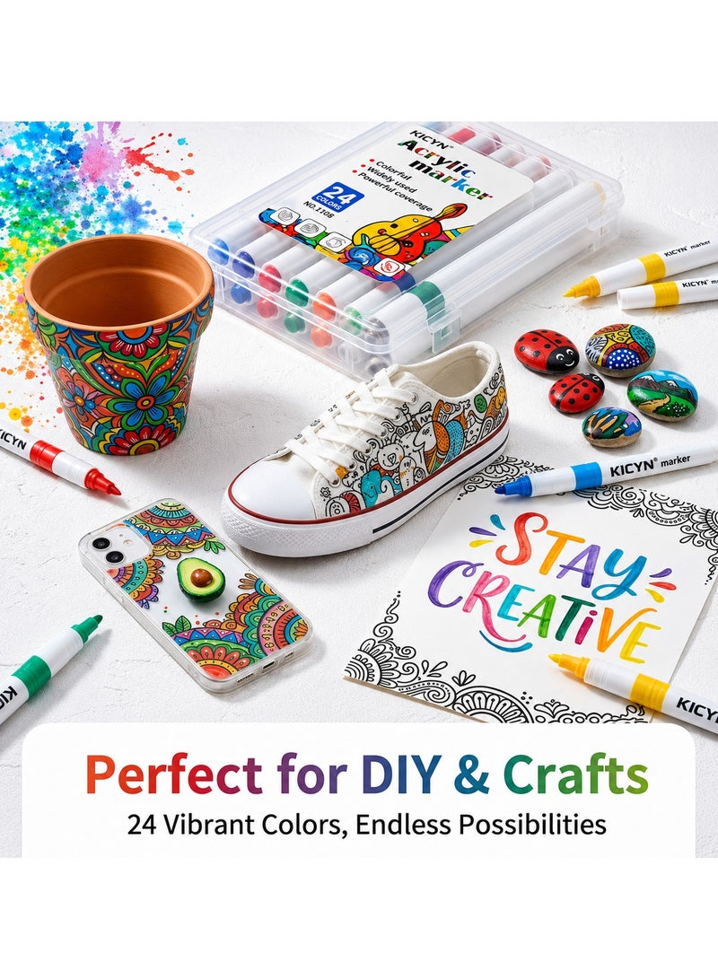 KICYN 24 Colors Acrylic Paint Markers Set with Portable Storage Case, Premium Dual Use Acrylic Marker Pens for Rock Painting, Canvas, Wood, Glass, Ceramic, Fabric, DIY Crafts, Scrapbooking & Art Supplies - Image 4