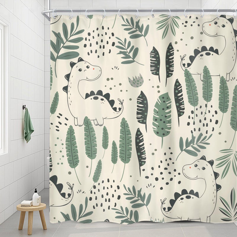 Riyidecor Kids Funny Dinosaur Shower Curtain 72Wx72H Inch Green Cute Dino Cartoon Animals Tropical Leaves Plant Beige Lovely Bathroom Decor Fabric Polyester Waterproof 12 Pack Hooks