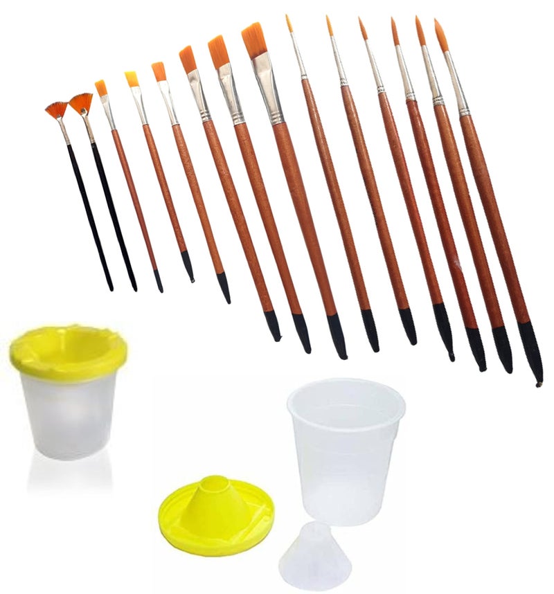 Artonezt Artist Paint Brushes for Acrylic, Oil and Water Colours -Round, Flat and Fan Brushes, 14 Piece + No Spill Paint Cups, Set of 2 Art and Craft Tool - Image 1