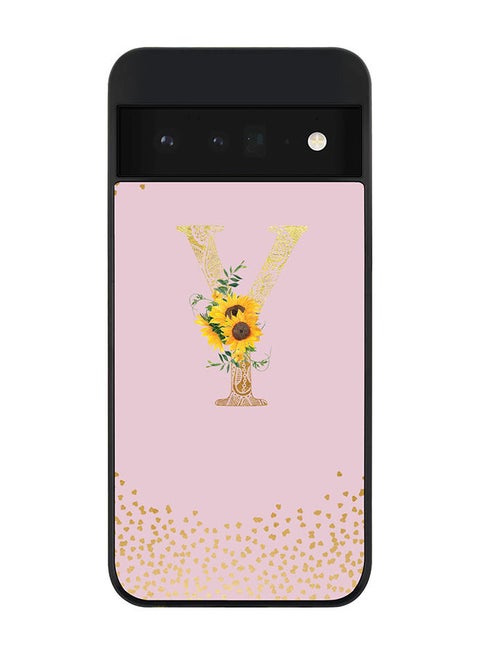Rugged Black edge case for Google Pixel 6 Pro 5G Slim fit Soft Case Flexible Rubber Edges Anti Drop TPU Gel Thin Cover - Custom Monogram Initial Letter Floral Pattern Alphabet - Y (Pink )