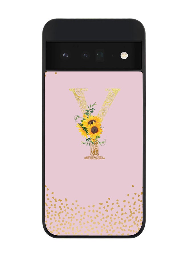 Rugged Black edge case for Google Pixel 6 Pro 5G Slim fit Soft Case Flexible Rubber Edges Anti Drop TPU Gel Thin Cover - Custom Monogram Initial Letter Floral Pattern Alphabet - Y (Pink )