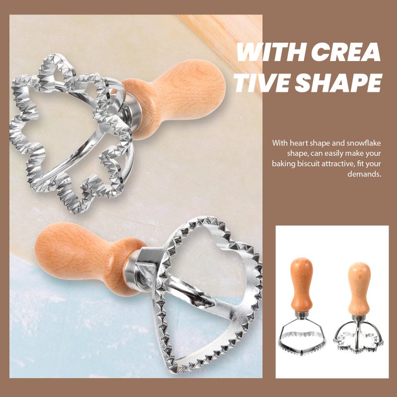 Embossed Biscuit Mold Set 2 Pcs Wood Handle Zinc Alloy Cookie Cutters Heart Snowflake Shapes - Image 4