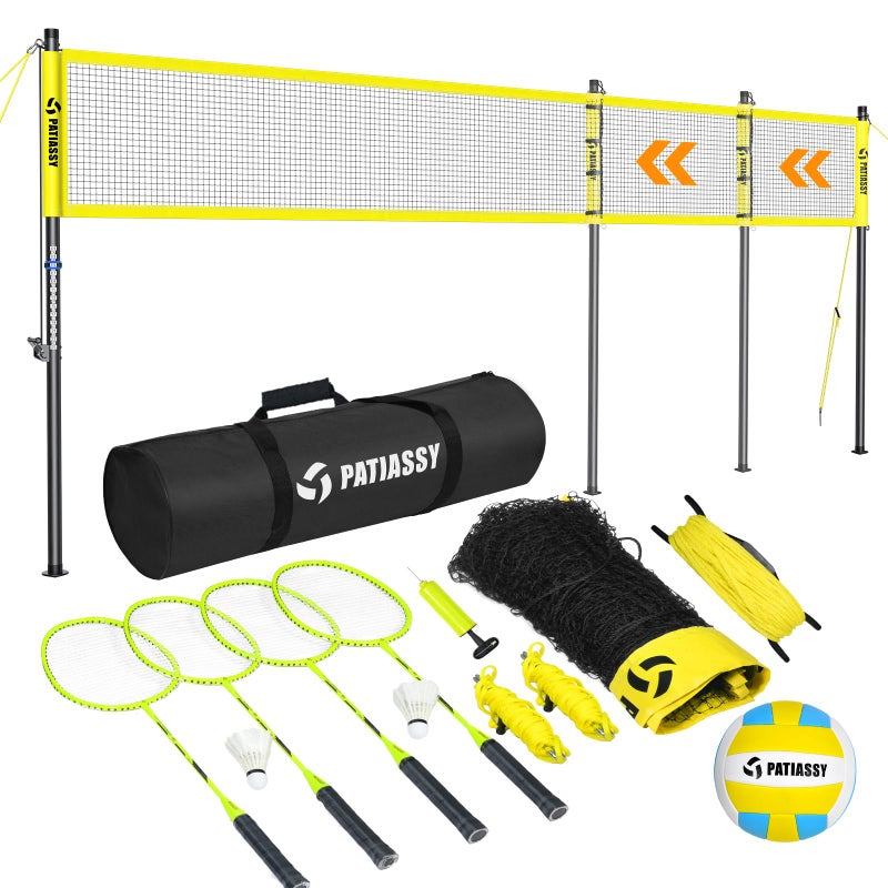 Volleyball Net and Badminton Set Combo 322620FT Height Width Adjustable Outdoor Net System for Backyard Beach with 4 Aluminum Rackets 2 Shuttlecocks PU Volleyball and Portable Carrying Bag