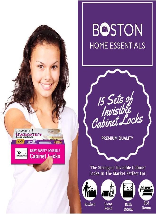 Boston Home Essentials - Cabinet Locks Child Safety Boston 15 Pack | Strong Adhesive Stickers | Socket Plugs | Easy No Tools No Drilling | Amazing for Baby Proofing Home Kitchen Offices Schools Drawers Closets | Invisible - Image 1