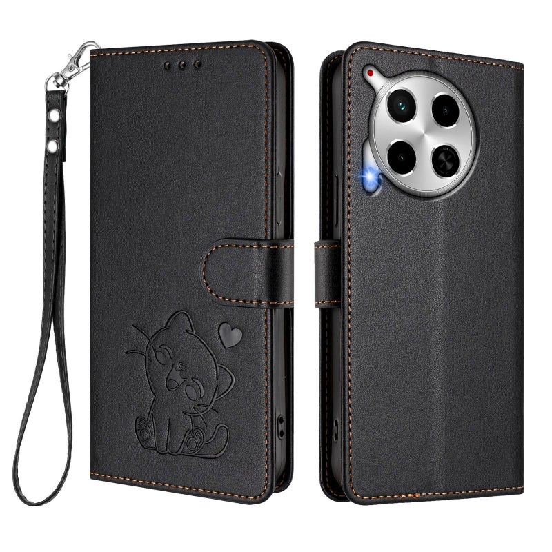 erorex For Tecno Camon 30 4G / 5G Embossed  Cat Leather Phone Case with Hand Strap(Black) - Image 2