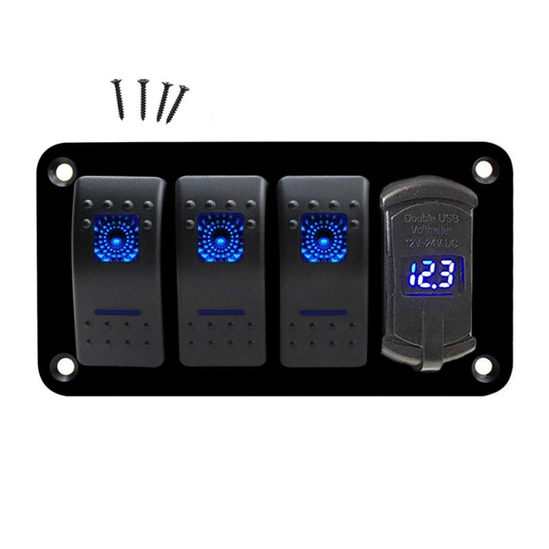 4 Gang Marine Boat Rocker Switch Panel, 12V/24V Waterproof RV LED Switch Panel with Dual USB Charger Port for Car Truck Marine Boat, Digital Voltmeter Display Toggle Rocker Switch Panel，Blue Lighted - Image 1