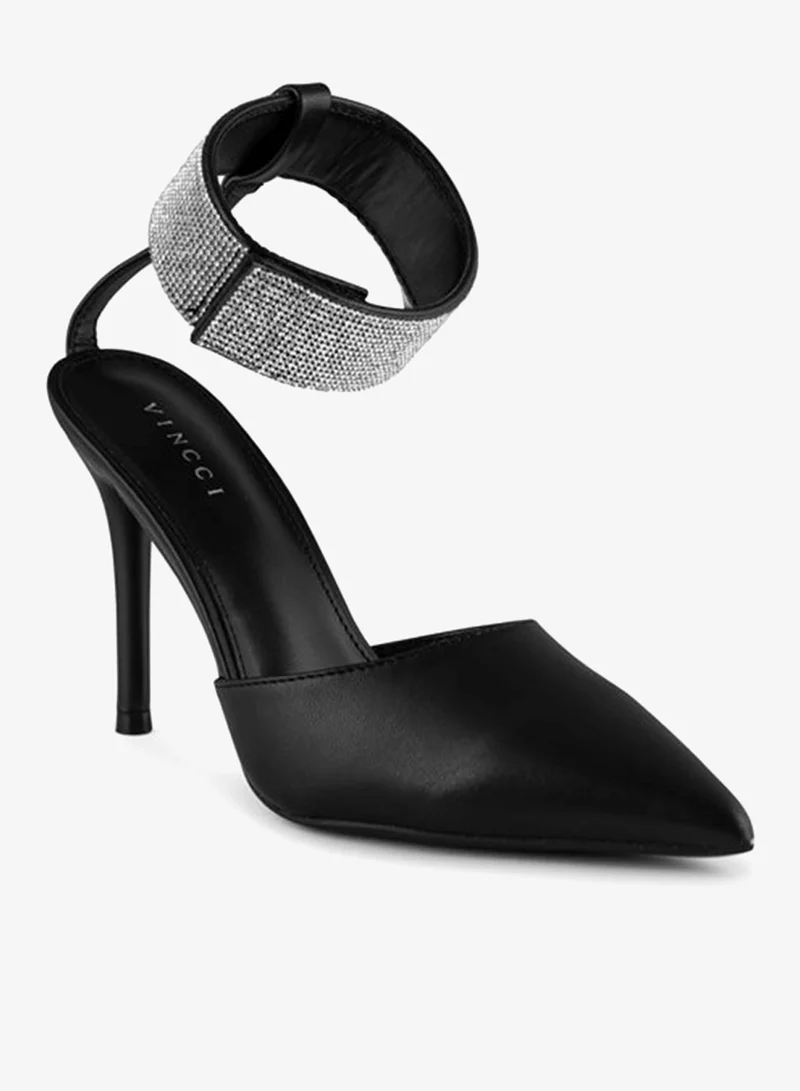 فينتشي صنادل نسائية مدببة بحزام الكاحل كعب متوسط