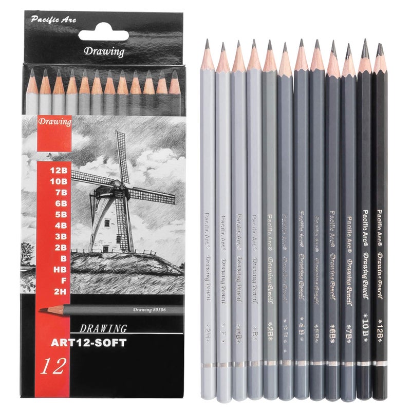 Pacific Arc Premium Graphite Drawing Pencils for Artists Soft Pack Professional Pencils for Drawing Drafting Sketching and Shading 12 Pk Great Non Toxic Art Supplies Set for Adults and Kids