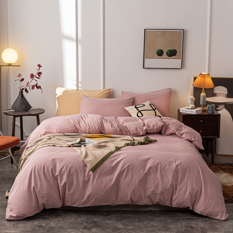 Janlive Washed Cotton Duvet Cover Full Ultra Soft 100 Cotton Solid Color Dusty Pink Duvet Cover Set with Zipper Closure 3 Pieces Pink Full