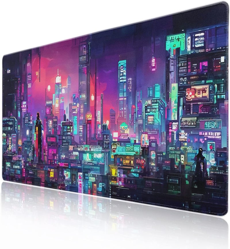 aportt Retro Japanese Anime Gaming Mouse Pad XXL Cool Dark Purple Red Vaporwave City Extended Large Desk Mat Big Mousepad Non-Slip Rubber Base Stitched Edge Long for Computer, 35.4x15.7 in - Image 1
