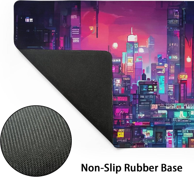 aportt Retro Japanese Anime Gaming Mouse Pad XXL Cool Dark Purple Red Vaporwave City Extended Large Desk Mat Big Mousepad Non-Slip Rubber Base Stitched Edge Long for Computer, 35.4x15.7 in - Image 3