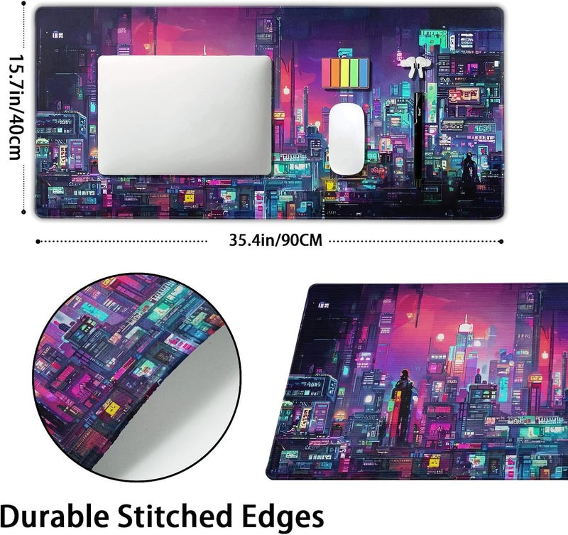 aportt Retro Japanese Anime Gaming Mouse Pad XXL Cool Dark Purple Red Vaporwave City Extended Large Desk Mat Big Mousepad Non-Slip Rubber Base Stitched Edge Long for Computer, 35.4x15.7 in - Image 2
