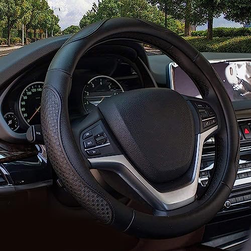 Valleycomfy Leather Steering Wheel Covers Universal 15 inch -Breathable, Anti Slip & Odor Free (Black with Black Lines,M(14" 1/2-15" 1/4)) - Image 2