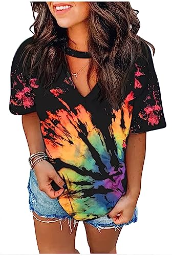 CHUNTIANRAN Sexy V Neck T Shirts for Women Tie Dye Hollow Out Blouse Tops Summer Loose Casual Shirt Country Music Graphic Tee Shirts (L,Rainbow) - Image 5