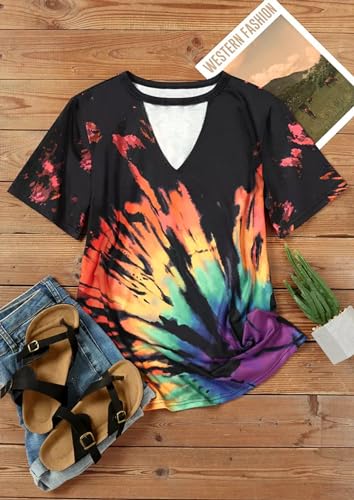 CHUNTIANRAN Sexy V Neck T Shirts for Women Tie Dye Hollow Out Blouse Tops Summer Loose Casual Shirt Country Music Graphic Tee Shirts (L,Rainbow) - Image 2