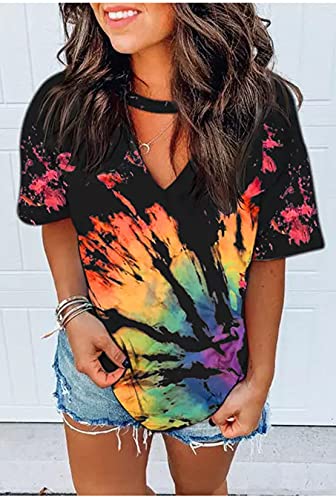 CHUNTIANRAN Sexy V Neck T Shirts for Women Tie Dye Hollow Out Blouse Tops Summer Loose Casual Shirt Country Music Graphic Tee Shirts (L,Rainbow) - Image 3