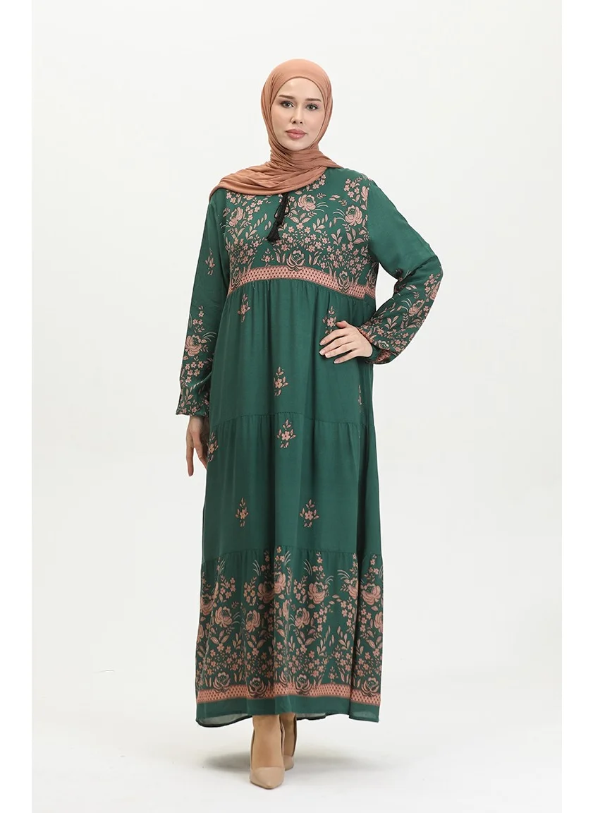 Sefa Merve Plus Size Floral Patterned Viscose Dress 4084-06 Emerald Green