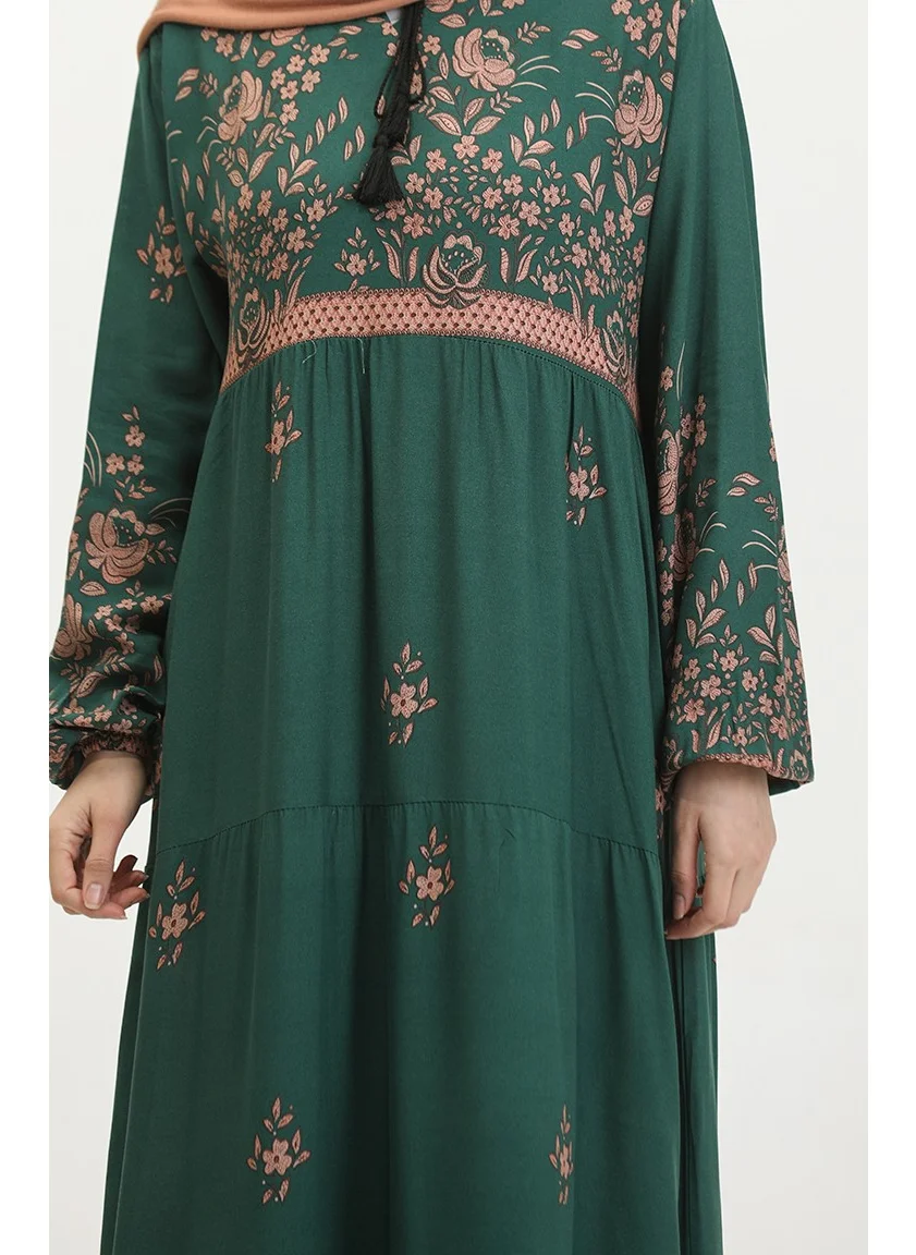 Sefa Merve Plus Size Floral Patterned Viscose Dress 4084-06 Emerald Green