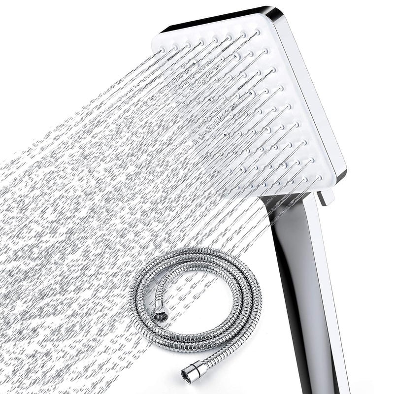 Newentor Handheld High Pressure 6 Spray Modes/Settings Detachable Chrome Finish Square Shower Head With Stainless Steel Hose And Multi-Angle Adjustable Shower Stand - Image 1