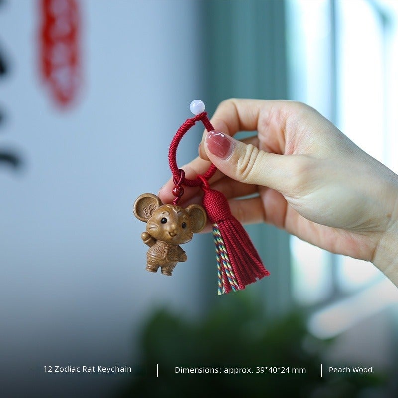 Cute Wood 12‑Zodiac Animal Keychain Pendant,Hand‑Carved Wooden Tassel Bag Charm Hanging Ornament Gift - Image 1