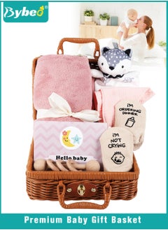 Bybeo 7 PCS Baby Gift Set, Newborn Baby Shower Gift for Boys Girls, Baby Gift Basket with Essential Stuff, Includes Blanket, Wooden Rattle Toy, Baby Bib and Socks, Greeting Card, Newborn Baby Gift Set  - Image 1