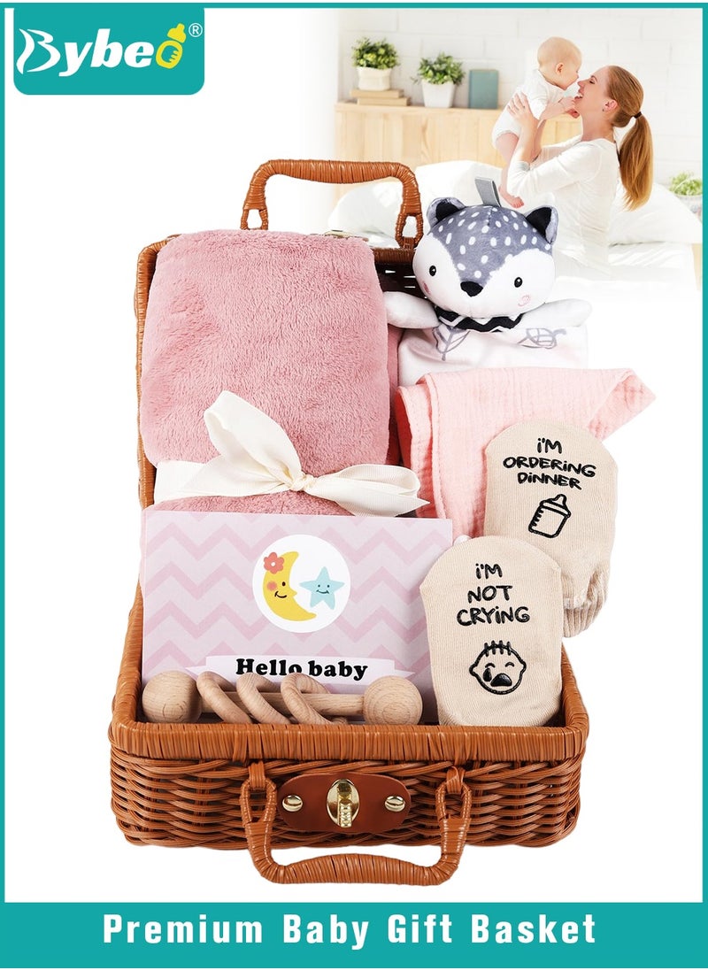 Bybeo 7 PCS Baby Gift Set, Newborn Baby Shower Gift for Boys Girls, Baby Gift Basket with Essential Stuff, Includes Blanket, Wooden Rattle Toy, Baby Bib and Socks, Greeting Card, Newborn Baby Gift Set  - Image 1