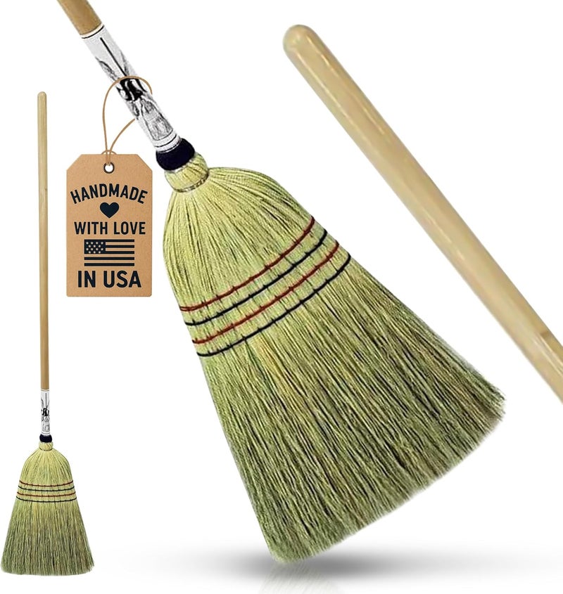 Peaceful Classics Handmade Amish Corn Broom with Wooden Handle – 57" Heavy Duty Broom for Courtyard, Lobby & Market, 100% Corn Fill Straw Broo'm, 4 Sews Indoor & Outdoor Bristle for Sweeping - Yellow - Image 1