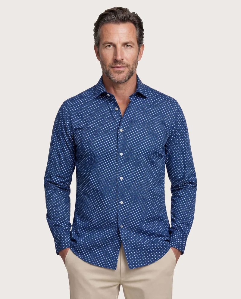 كاميتشسما Trendy Navy Blue Printed Poplin Slim Comfort Shirt