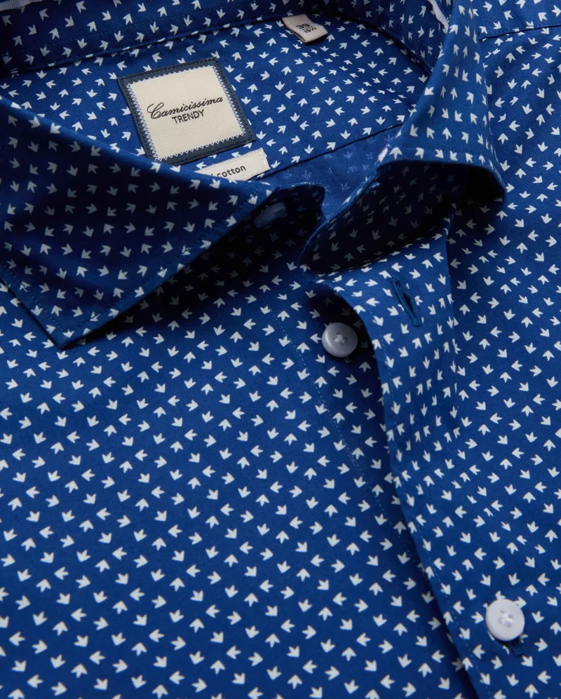 كاميتشسما Trendy Navy Blue Printed Poplin Slim Comfort Shirt