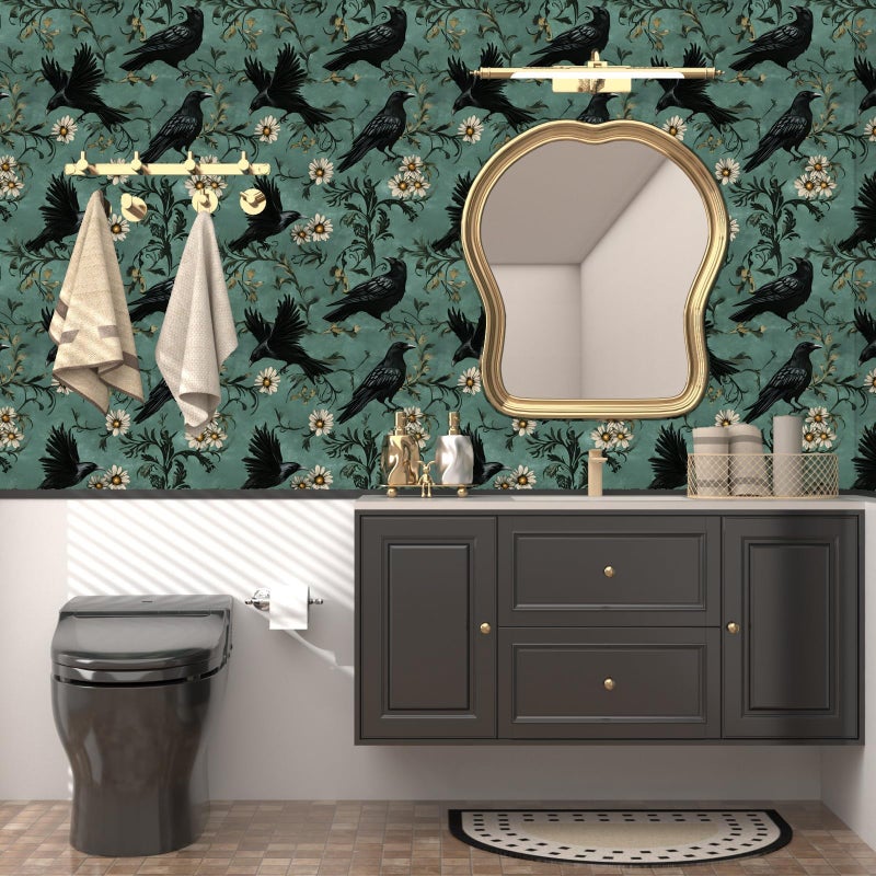 Fvlow Crow Peel and Stick Wallpaper 17.4" x 394" Gothic Contact Paper Witchy Self Adhesive Removable Covering for Bedroom Bathroom Cabinet Drawer Halloween Vintage Raven Wall Decor Dark Grey Green - Image 5