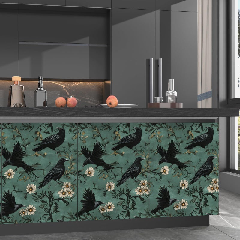 Fvlow Crow Peel and Stick Wallpaper 17.4" x 394" Gothic Contact Paper Witchy Self Adhesive Removable Covering for Bedroom Bathroom Cabinet Drawer Halloween Vintage Raven Wall Decor Dark Grey Green - Image 2