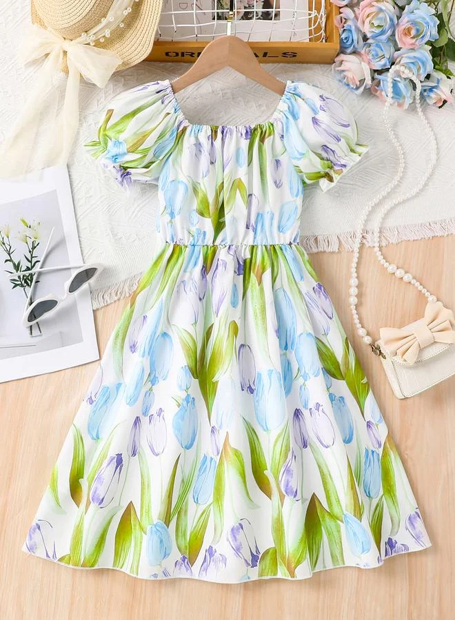 تايك تو Take Two Girls Tulip Print Puff Sleeve Dress
